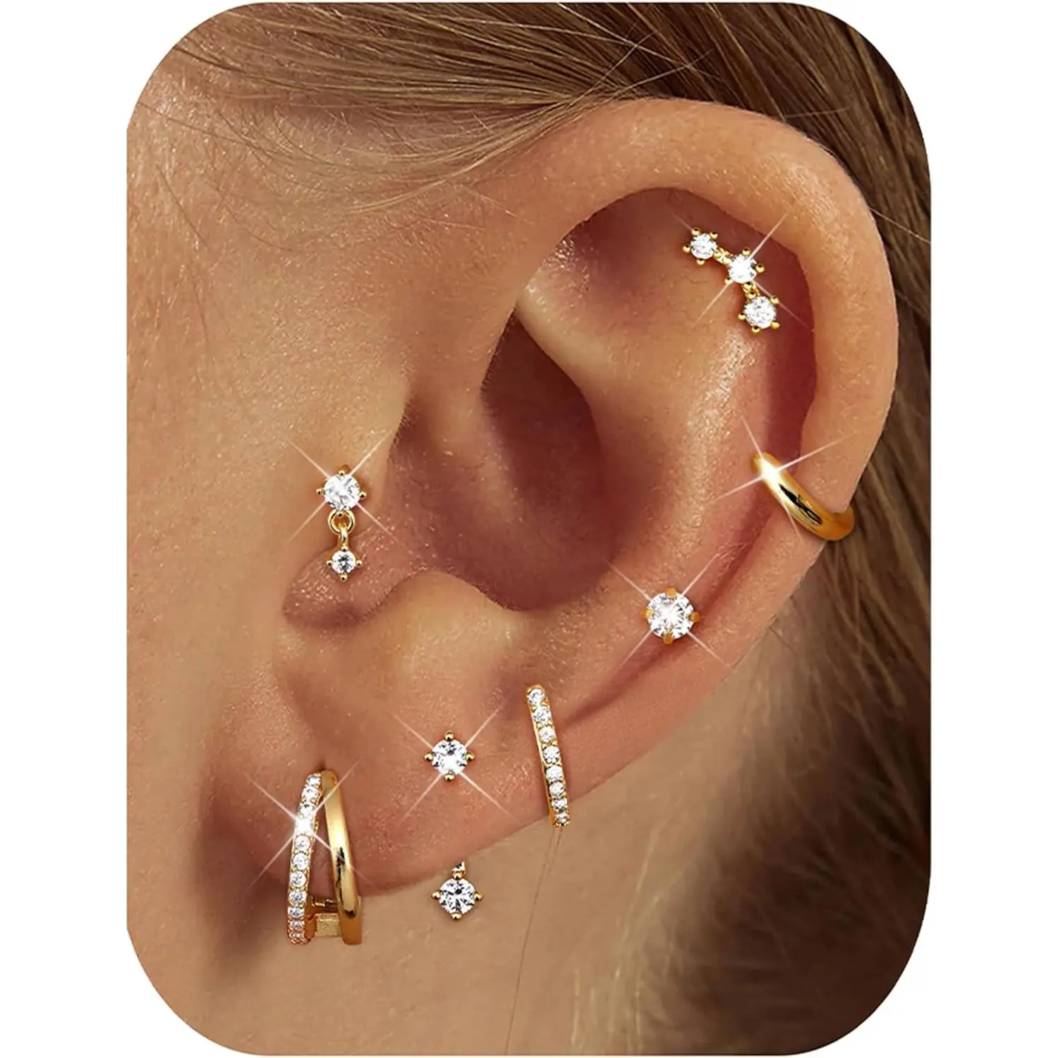 Milacolato Earring Stack, 7 Pairs of Dainty Gold & Silver Plated Stud and Huggie Hoop Earrings for Women, Hypoallergenic Surgical Steel Set for Multiple Piercings, Gold Jewelry Earrings