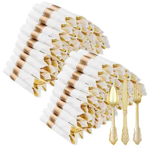 100 Pack Gold Plastic Silverware with Pre Rolled Napkins for 100 Guests, Heavyweight Gold Disposable Utensils Sets Includes 300 Plastic Cutlery, and 100 Napkins for Party & Wedding