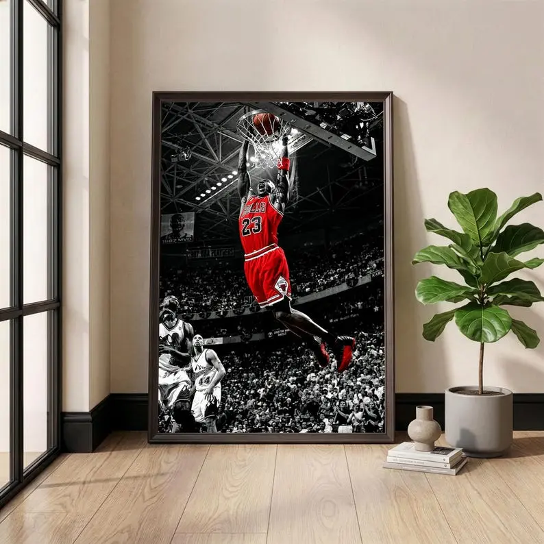 Michael Jordan Poster, Slam Dunk Wall Art, Chicago Bulls Decor, Basketball Man Cave Art, Black and White Sports Print, Color Splash - Poster Print Unframed