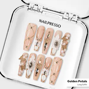 Nailpresso | Golden Petals Long Coffin 100% Handmade 3D Press-On Nails | Reusable Long-Lasting Salon-Quality | White Flowers And Gold Details