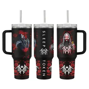 Sleep Token Tumbler 40oz with Handle & Straw, Metal Band Merch Mug, Dark Gothic Aesthetic Cup, Alternative Rock Fan Gift, Black Red Rose Design Drinkware, Heavy Metal Lover Gift For Him Her, Unique Emo Grunge Style Travel Coffee Cup