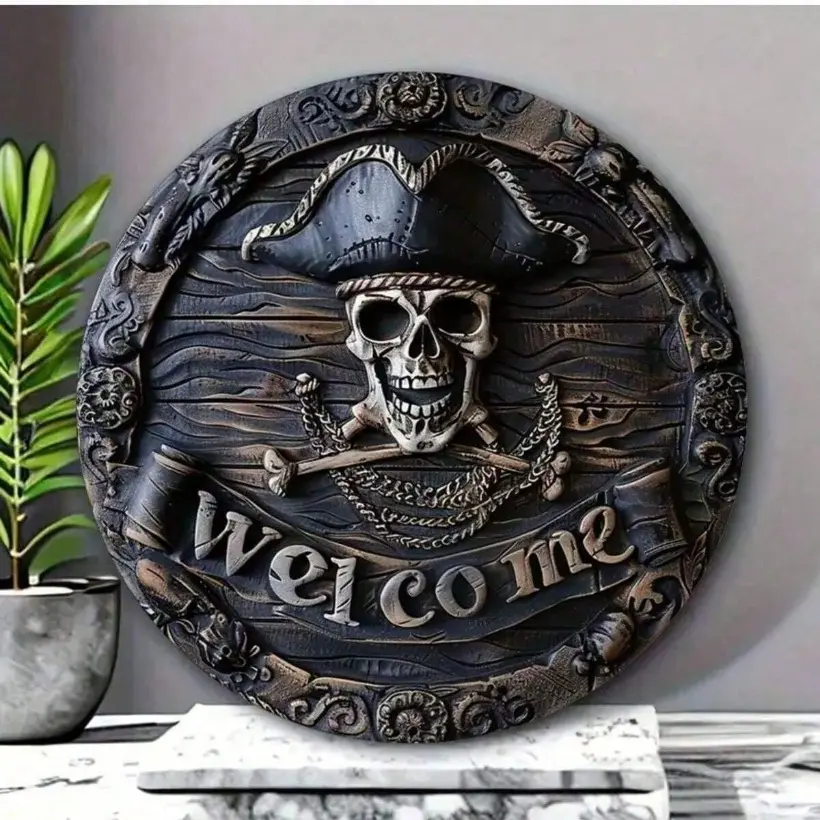 8x8 Inches Aluminum Pirate Skull Welcome Sign for Home Door Entryway Wall Decor Farmhouse Porch Holiday Halloween Party Decoration Gift