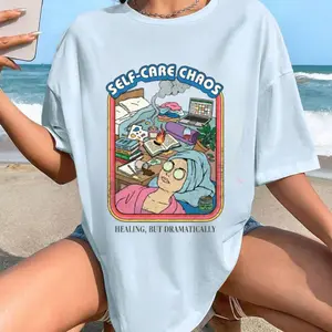 Self Care Chaos Healing But Dramatically Funny Graphic T-Shirt, Retro Vintage Humor Mental Health Tee for Women, Sarcastic Self Love Shirt, Aesthetic Funny Gift for Her Best Friend Bestie