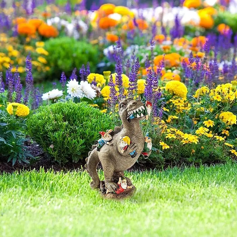 Dinosaur Eating Gnomes Ornaments Handicraft Resin Dinosaur Dwarf Figurine Weatherproof Creative Funny Cute  Outdoor Decor