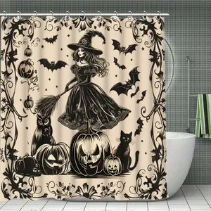 Halloween Witch Crow Shower Curtain Set 4-Piece Waterproof Black Cat & Ghost Pattern Bathroom Decor with 12 Hooks & Toilet Mat Gift