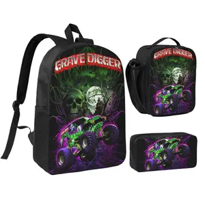 Monster Jam Lightweight Backpack Set With Lunchbox And Pen Pouch 17inch A Great Rucksack For Traveling Backpack Grave Digger Daypack RC Monster Truck lunchbag
