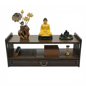 Carved Bamboo Storage Table with 2 Open Shelves & Drawer, 55 lbs Capacity Altar Table for Buddha Statue Meditation Bowl, Pooja Table for Prayer Rituals, Home Shrine Temple Living Room Furniture