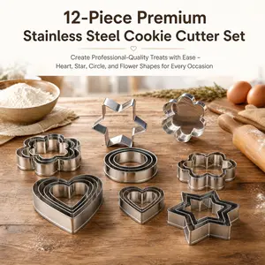 Premium Stainless Steel Cookie Cutter Set - 12-Piece Classic Bakeware with 3 Sizes Each of Heart, Star, Circle, Flower Shapes for Baking, Valentine’s Day, Cookiecutter
