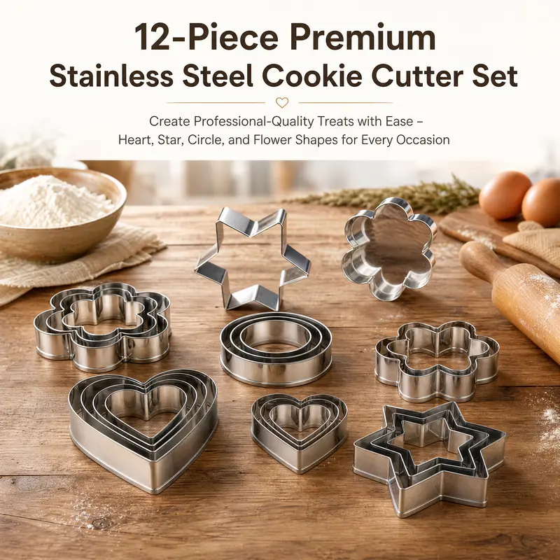 12-Piece Food-Grade Stainless Steel Cookie Cutter Set - Classic Baking Supplies with 3 Sizes Each of Heart, Star, Circle, Flower Shapes for Valentine’s, Birthdays, Fondant Cutting (Kitchen Bakeware Gadget)