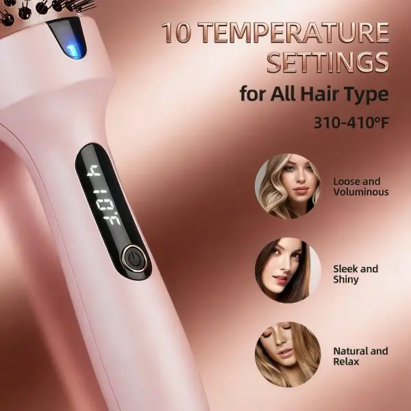 1.5 Inch Pink Heated Curling Brush, 2-Min Quick Heat LED Display Dual Voltage Hair Styling Tool, Frizz Resistant Long Lasting Soft Curls for All Hair Types