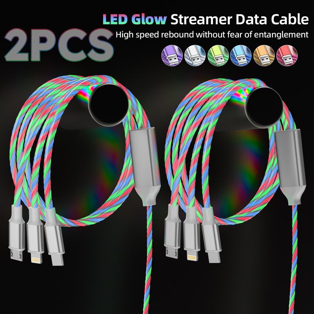 2 Packs 3-in-1 LED Glow Charging Cable, Flowing Light USB Cable, Universal 3 in 1 Charger Cord with USB C/Micro USB/Lightning, Compatible for iPhone Android Phones