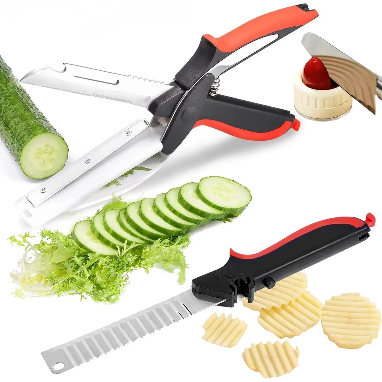 6-in-1 Kitchen Scissors & Cutting Board Set – Stainless Steel Quick Slicer for Meat/Veg/Cheese/Fruit with Built-in Peeler, Bottle Opener & Sharpening Stone (Red+Black, 9.6")