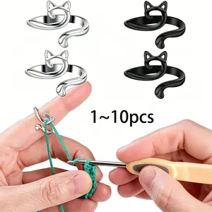 1~10pcs Adjustable Knitting Crochet Loop，Ring Knittied Yarn Guide，Finger Faster Holder Thimble Crocheters Thread Ring Sewing Tools，Finger Not Hurt While KnittingFinger Safety Design，Cute Cat Shaped Knitting Tools,