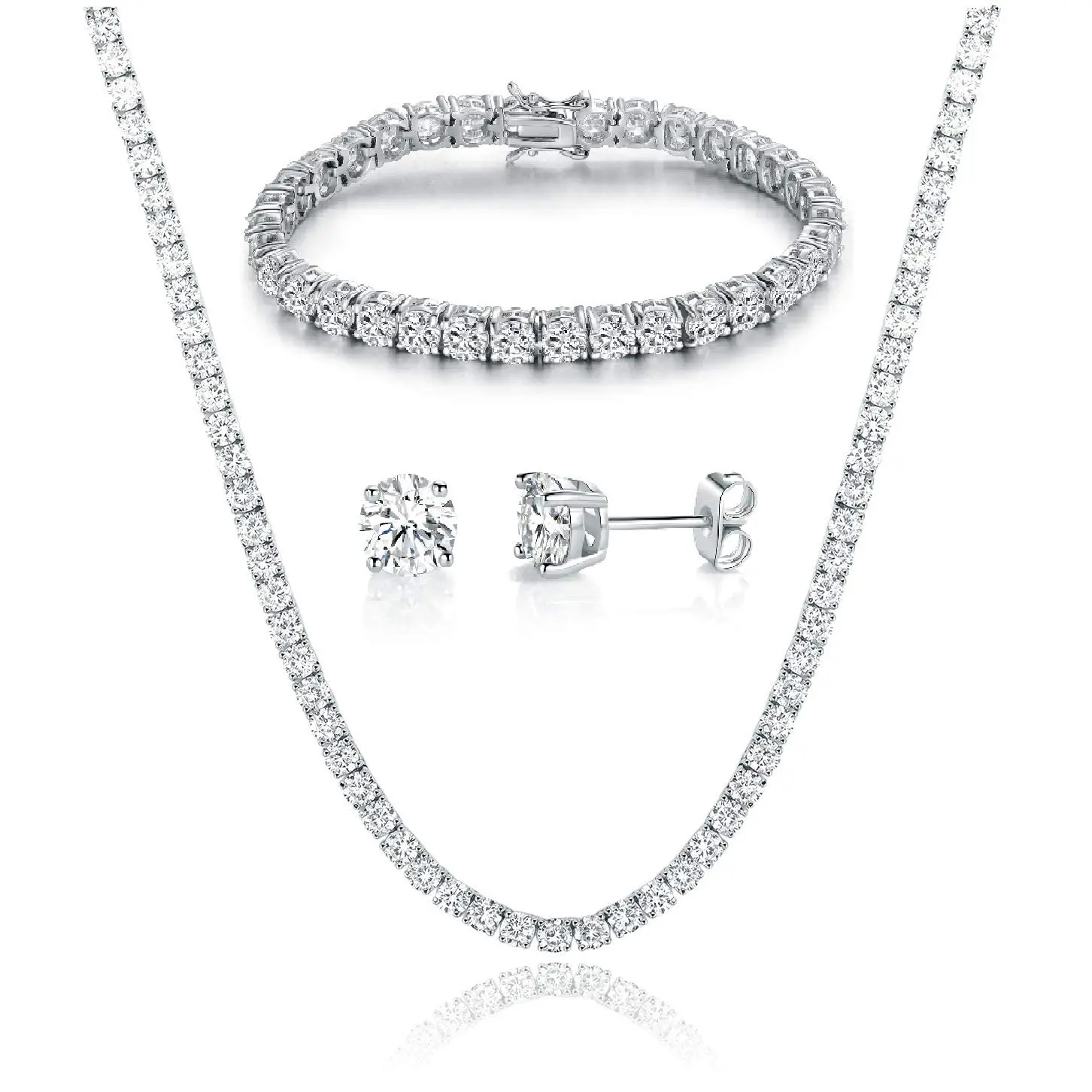 MDFUN Cubic Zirconia Tennis Jewelry Set Necklace/Bracelet / Stud Earrings Round Cut 4-Prong Setting  Waterproof  Hypoallergenic  Perfect Birthday Gift
