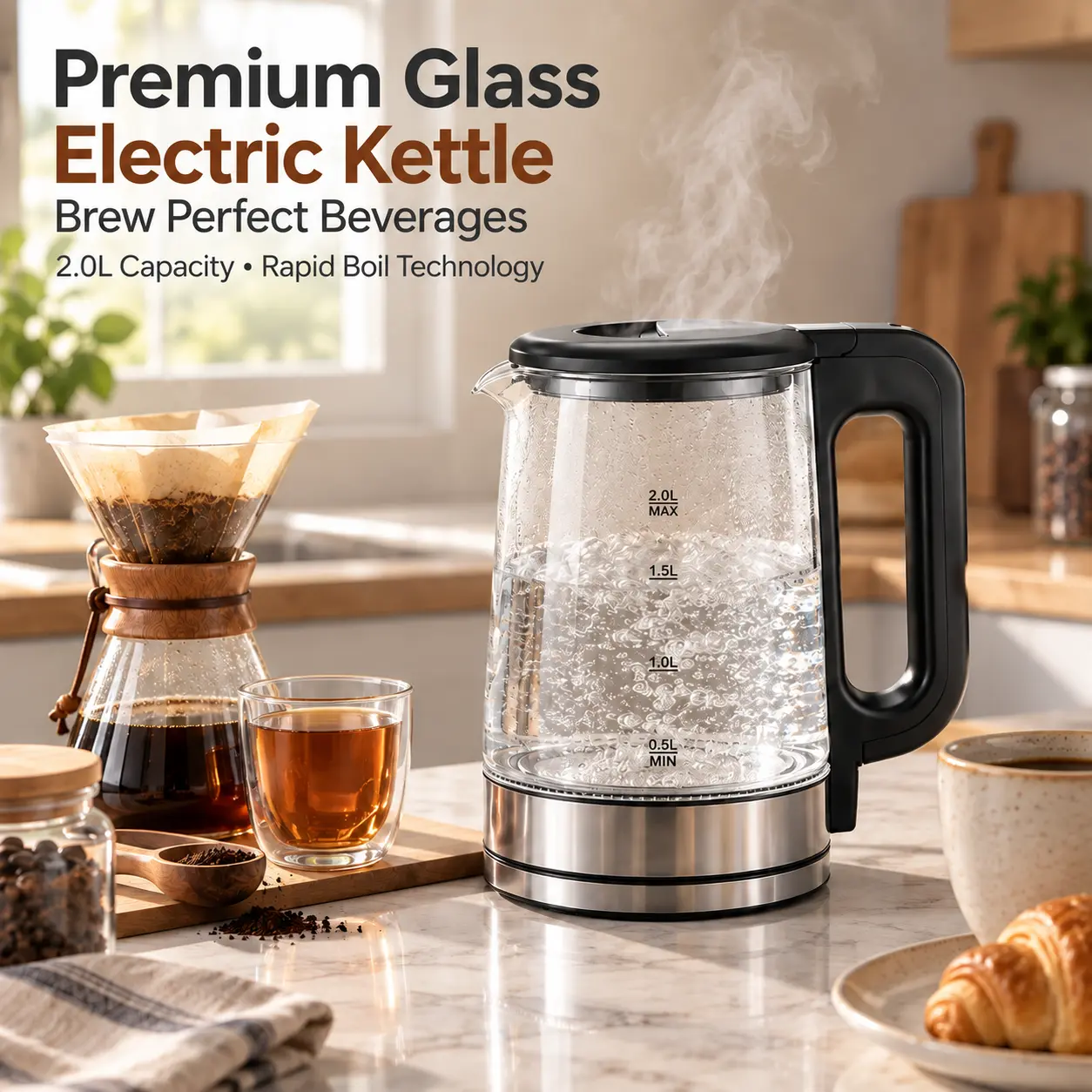 【Black Friday】2.0L 1500W High Borosilicate Glass Electric Kettle with 110V Plug, Blue LED Light, Dry-Boil Protection, Auto Shut-Off, Cordless Base, Detachable Tea Infuser, Fast Boiling for Modern Home Decor, Home Office