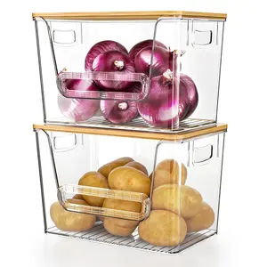 2 Pack Clear Pantry Organizers and Storage, Trash Bag Holder Under Sink Organizer for 4-13 Gal Bags, Trash Bag Dispenser with Bamboo Top for Onion, Potato, Garlic