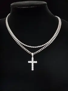 Summer Street Rhinestones Decor Cross Pendant Necklace & Cuban Chain Necklace, 2 Counts Trendy Women's Summer Accessories Fall 2024, Matching Chic Necklaces for Anniversary Gift, Iced Out Cross Jewelry Necklace