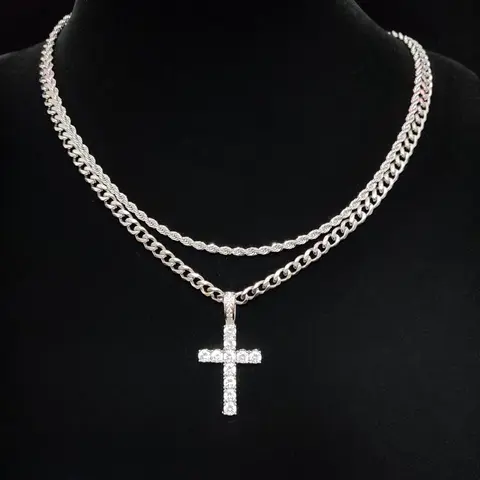 Summer Street Rhinestones Decor Cross Pendant Necklace & Cuban Chain Necklace, 2 Counts Necklace Set Trendy Women's Summer Accessories Fall 2024, Matching Chic Necklaces for Anniversary Gift, Iced Out Cross Jewelry Necklace, Stainless Steel Necklaces