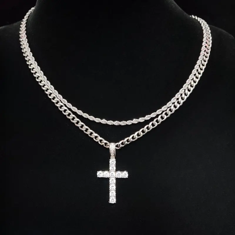 Summer Street Rhinestones Decor Cross Pendant Necklace & Cuban Chain Necklace, 2 Counts Necklace Set Trendy Women's Summer Accessories Fall 2024, Matching Chic Necklaces for Anniversary Gift, Iced Out Cross Jewelry Necklace, Stainless Steel Necklaces