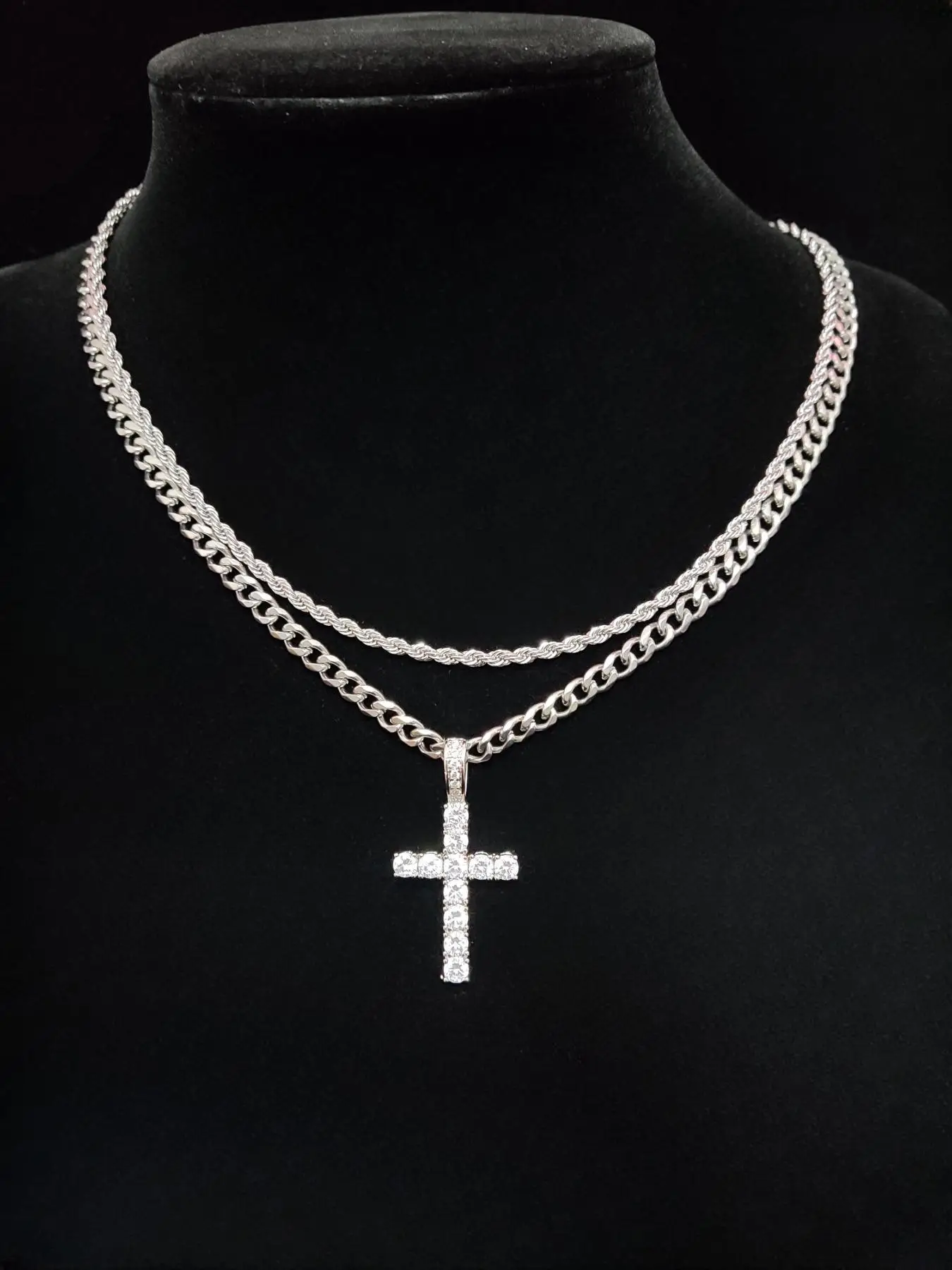Summer Street Rhinestones Decor Cross Pendant Necklace & Cuban Chain Necklace, 2 Counts Trendy Women's Summer Accessories Fall 2024, Matching Chic Nec