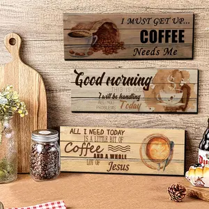 3pcs Wooden Wall Decor Vintage Kitchen Signs, "All I Need Today Is Coffee" Wood Plank Design Hanging Sign, Rustic Vintage Wood Wall Art Home Decor for Home Kitchen/Coffee Shop/Study Decoration, Vintage Plaque Decor