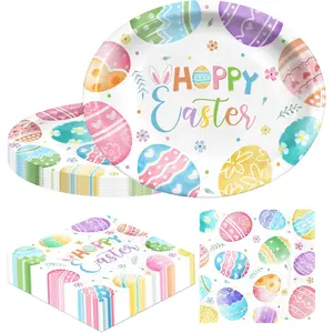 100Pcs Easter Plates and Napkins, Easter Tableware includes Oval Easter Paper Plates and Egg Napkins, Bunny Rabbit Disposable Pastel Eggs Plates and Napkins for Spring Party