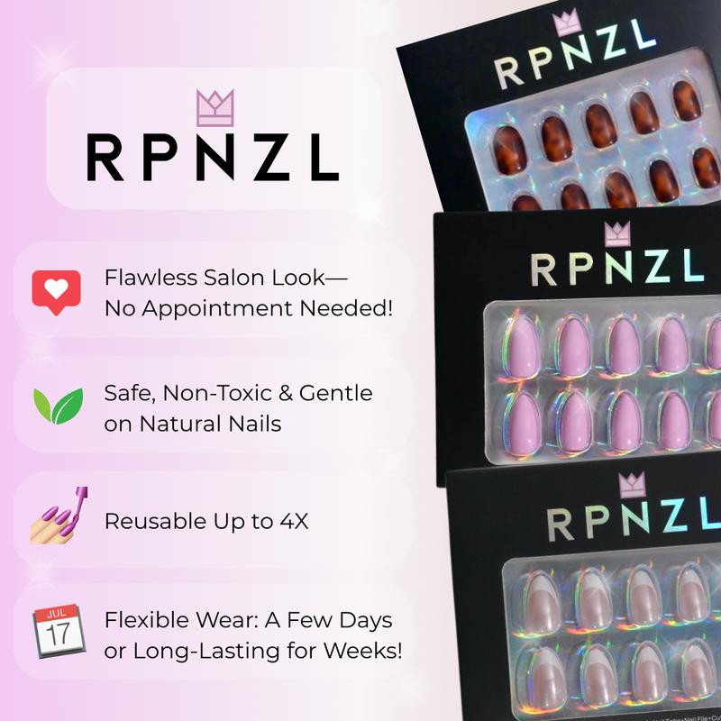 RPNZL Press On Nail Kits - UV Finish Nails, 3 Weeks of Wear | 32 Nails, 16 Sizes Kit with Glue and Adhesive Tabs I Female Founded