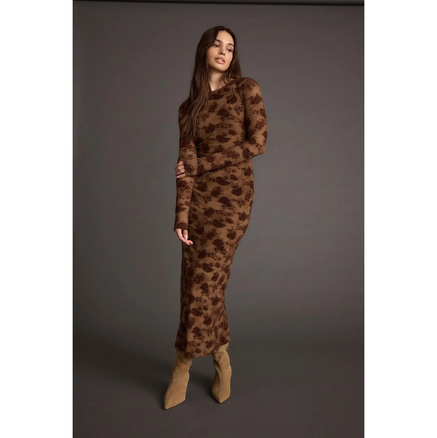 Women's Casual Chocolate Brown Floral Velvet Long-Sleeve Mesh Maxi Dress - TikTok Shop Women's Casual Chocolate Brown Floral Velvet Long-Sleeve Mesh Maxi Dress - TikTok Shop