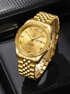 Diamond Inlaid Dual Calendar Watch, Elegant Men's Quartz Watch Set for All Seasons, Perfect Gift for Festivals, Quartz Waterproof Watch