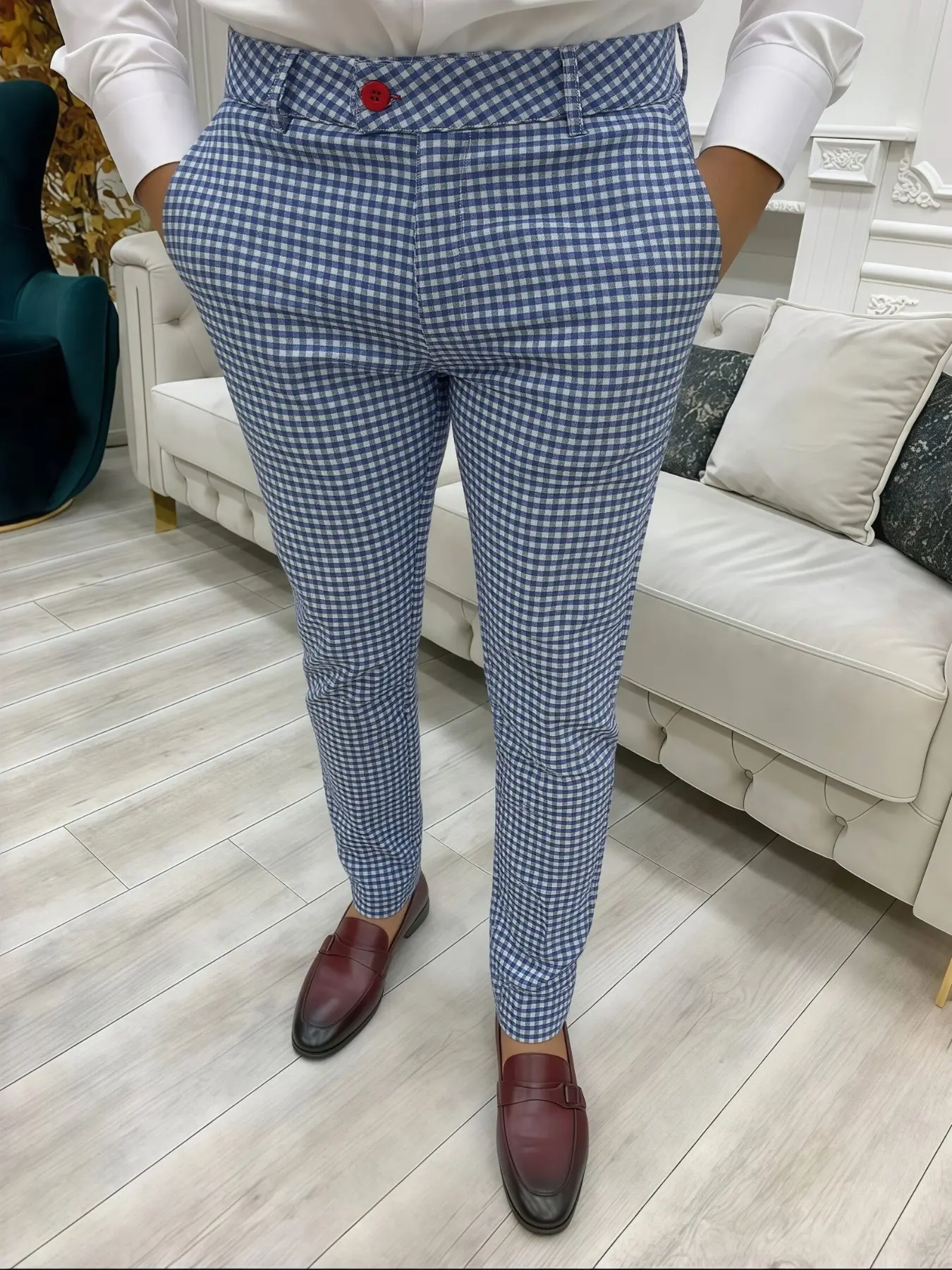 Men's Fitted Houndstooth Suit Pants, Checked, Dual Color Patchwork, High-Quality Versatile Business Long Pants, Comfortable All-Season Wear, Formal Wear, Business Attire Clothes