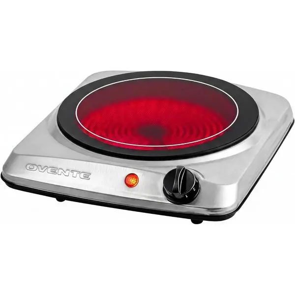 OVENTE Electric Infrared Single Burner, 1000W Hot Plate, Silver BGI101S | 7” Ceramic Glass Cooktop, Stainless Steel, 5 Level Temperature Setting, Easy to Clean, Compact Stove for Home Dorm Office