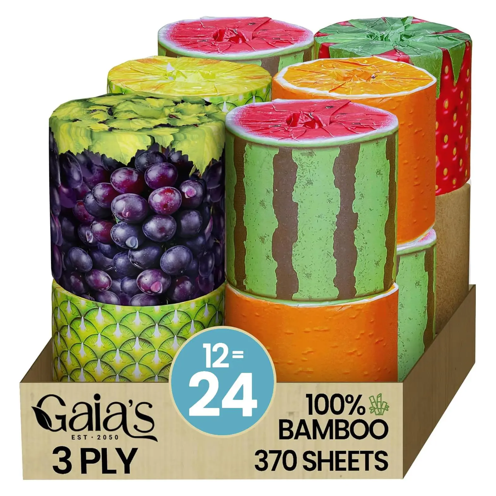 Gaias Premium and Soft Fruit TP Organic Bamboo Toilet Paper | 12 Mega Rolls, 3 Ply, 370 Sheets | FSC Certified, PFAS & BPA Free, Eco-Friendly, Sustainable Tissue - Plastic Free, Septic Safe, Vegan