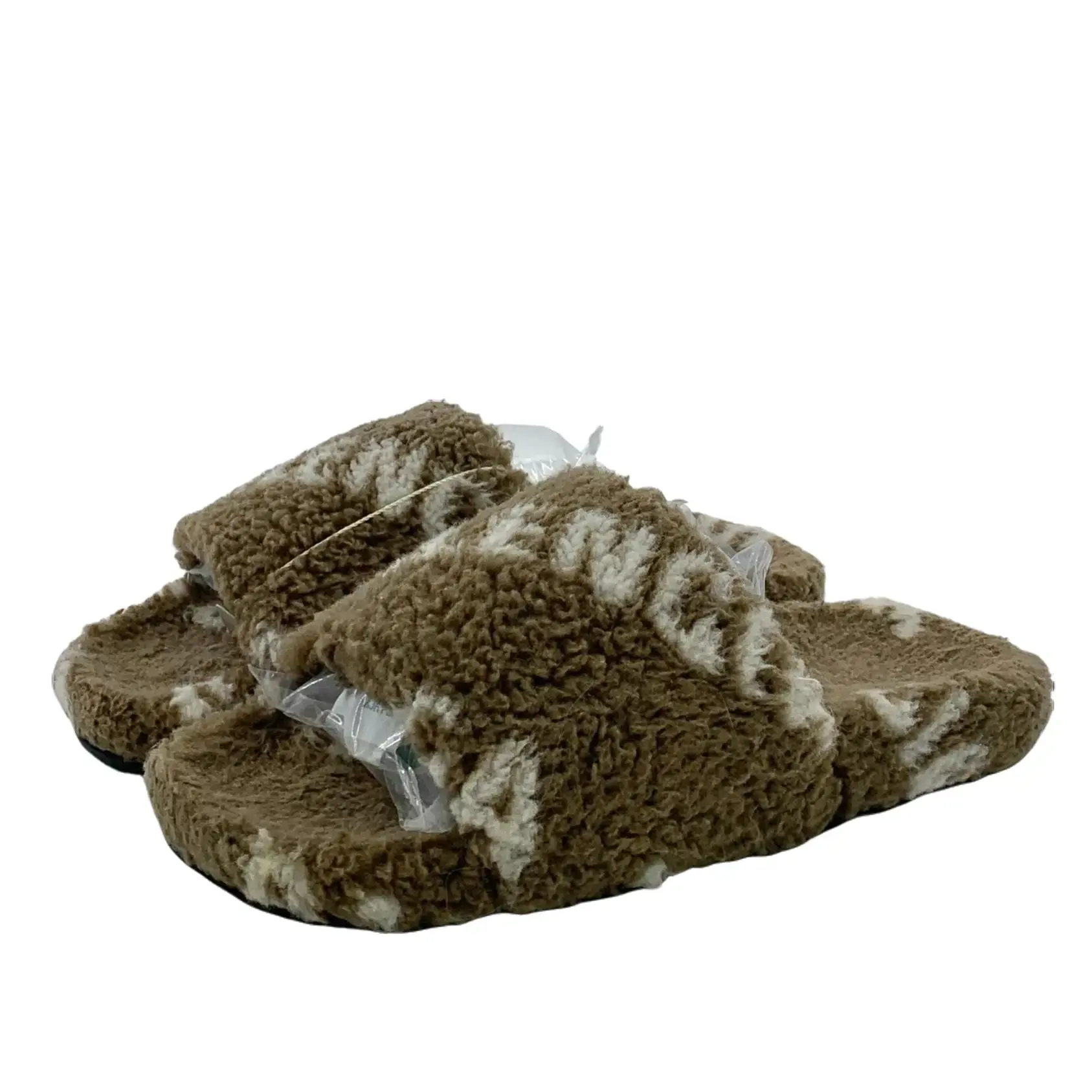 RDLT-Balenciaga Size 36 Brown Logo Intarsia Fuzzy Fabric Flat Slide Sandals-J38498