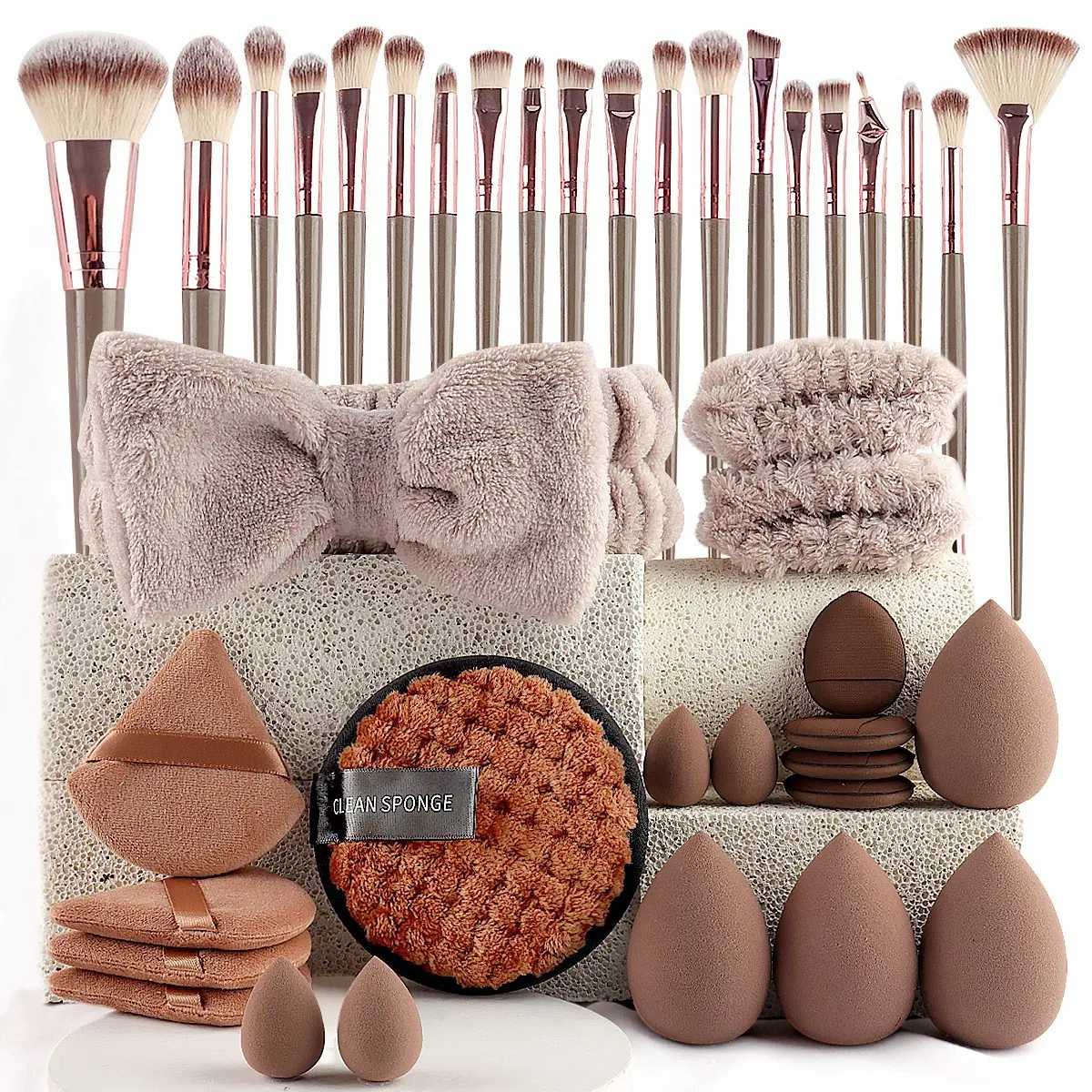 Women's 40-Piece Professional Daily Makeup Brush Set, Cosmetic Tools, Handle, High-Quality Bristles, Includes Blush Brush, Beauty Egg, Cleaning Sponge, Powder Puff, Hairband, Wrist Strap, Cleaning Brush Kit, Makeup Brushes Set