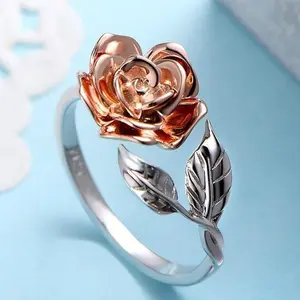 Adjustable Rose Flower Ring – Romantic Women’s Statement Jewelry, Trendy Gift for Her, Ideal for Birthday, Anniversary & Valentine’s Copper Double Color Plating