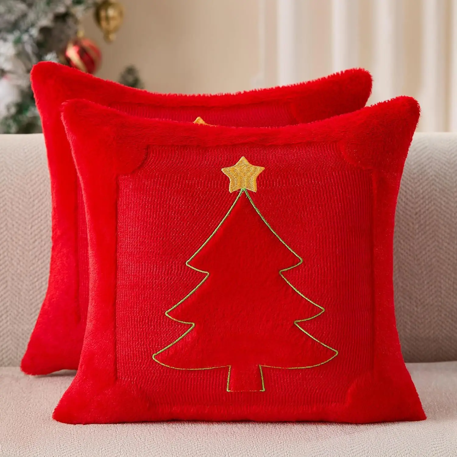 2Pcs 18"x18" Square Plush Pillows Cover, Soft Touch Polyester Fuzzy Neutral Christmas Tree Cushion Case, Winter Farmhouse Holiday Home Decor, Tree Embroidery