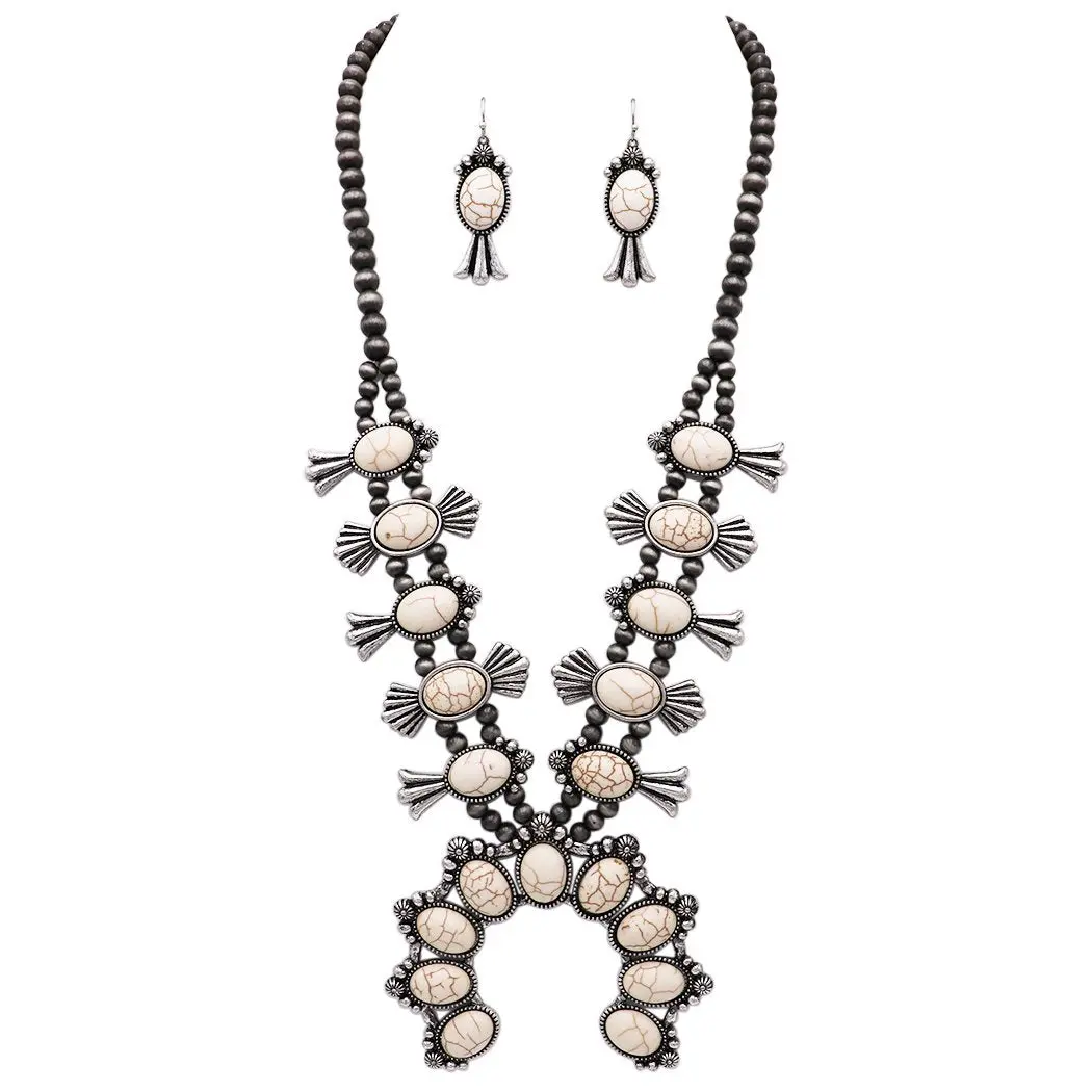 Statement Western Howlite Squash Blossom Necklace Earrings Set, 27"-30" with 3" Extension (Natural White)