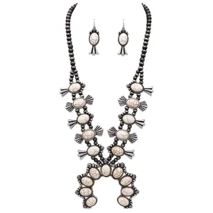 Statement Western Howlite Squash Blossom Necklace Earrings Set, 27"-30" with 3" Extension (Natural White)