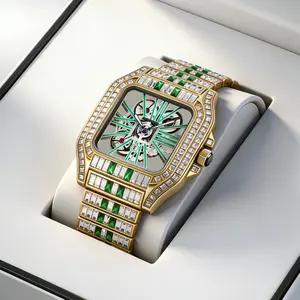 Luxurious Diamond-Embellished Openwork Design with Square Dial — A Stylish Timepiece. This diamond-adorned men's watch shines brightly in the professional sphere, exuding sheer brilliance.