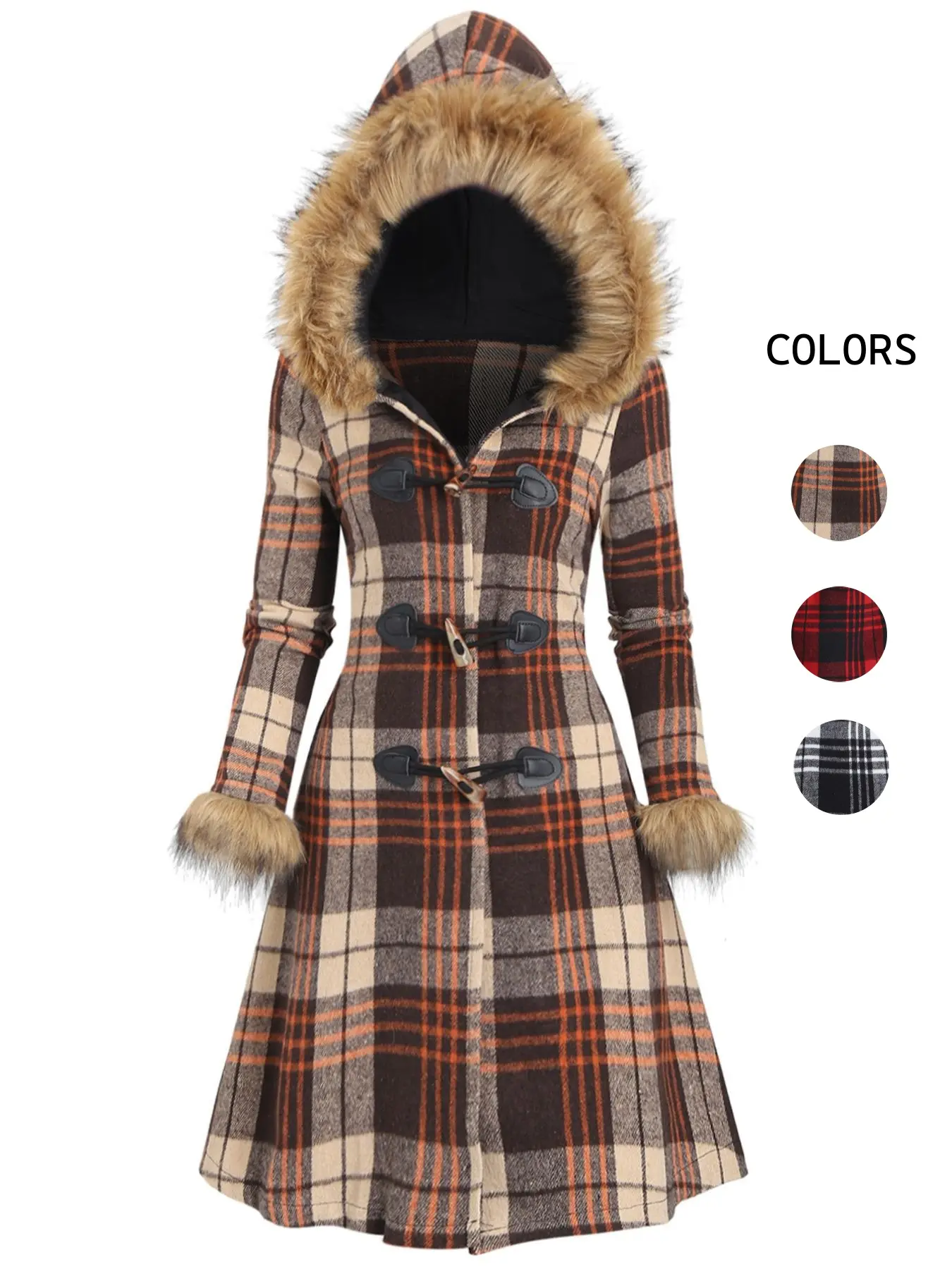New Women's Faux Fur Horn Button Hooded Jacket, Casual Fashionable Jacket, Gothic Vintage Plaid Winter Coat, Slim-Fitting Thick Fabric, Casual Fall & Winter Wear