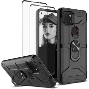 Revvl 5G Case with [2 Pack Tempered Glass Screen Protector], 360 Degree Rotating Metal Ring Kickstand Hybrid Hard PC Soft TPU Shockproof Protective Cover for TCL Revvl 5G, Black