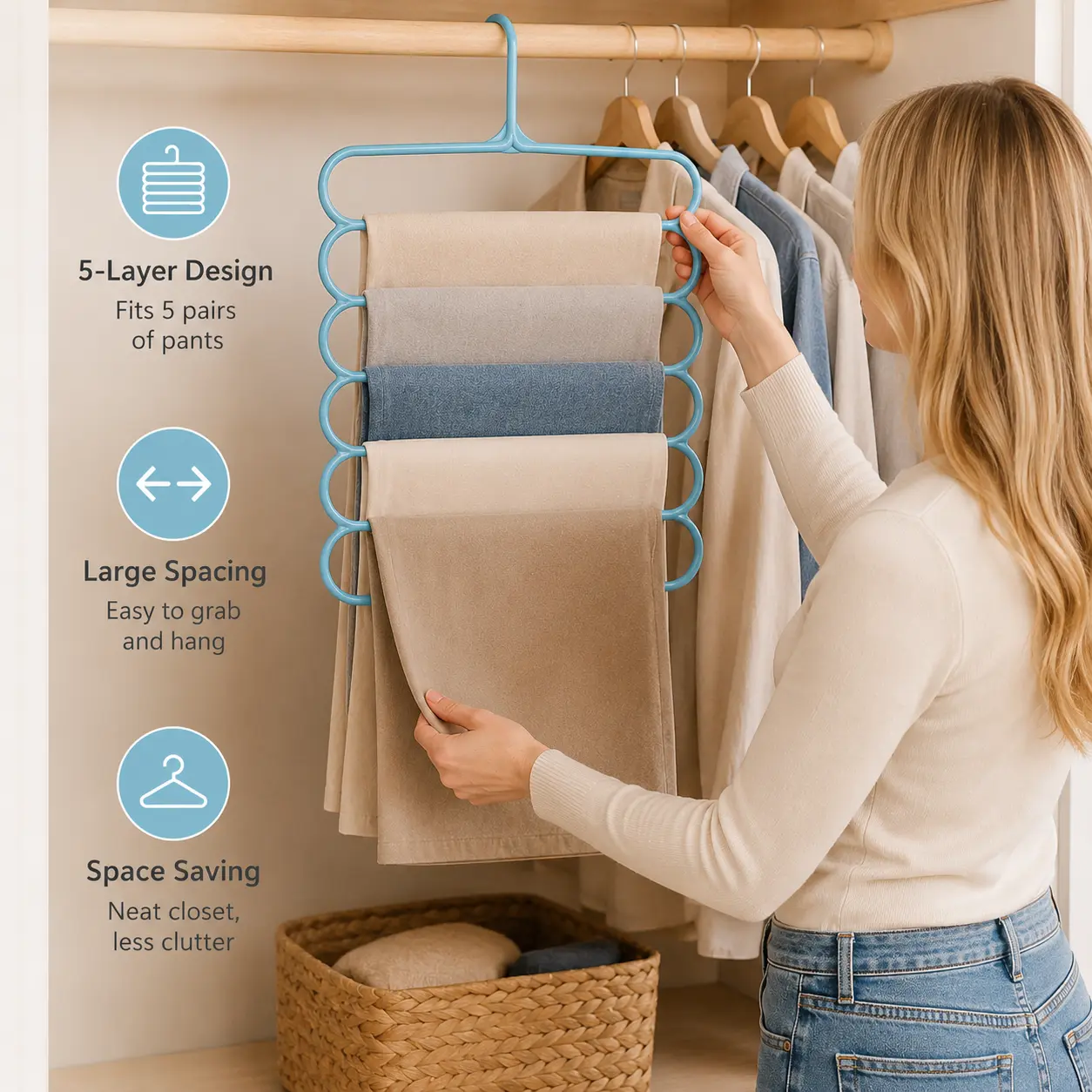 1 Count Blue 5-Tier Pants Hanger, Smooth Hook Rounded Edge Wide Spacing Design for Closet Wardrobe Pants Storage Organization
