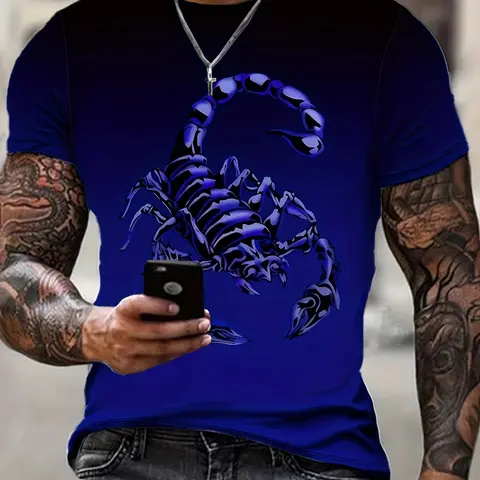 Men's 3D Scorpion Print Pattern T-Shirt - Menswear Bright Blue and Black Casual Streetwear Short Sleeves, Regular Version Crew Neck, Round Neck, Machine Washable All Season Outdoor and Daily Wear Cool Streetwear Shirt