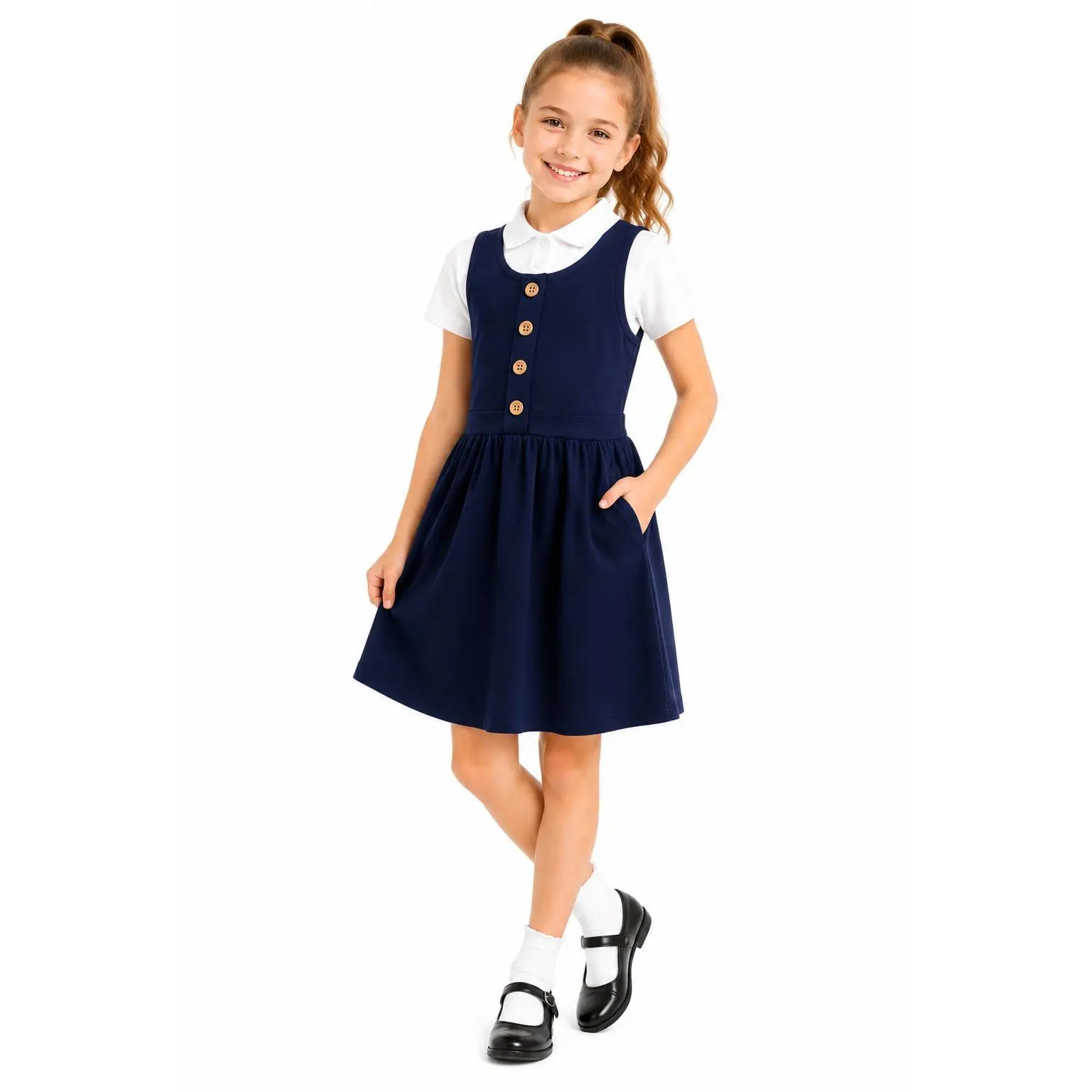 HILEELANG Girls School Uniform Jumper Dress Stretch Cotton Blend Pinafore Dress with Pockets