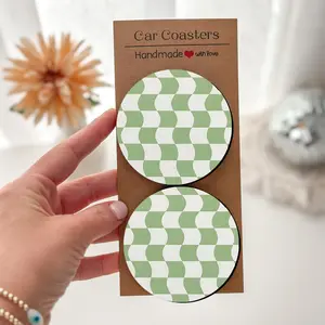 Sage Green Wavy Checker Drink Coasters Set 2/4 Pcs Pack of 2 or 4 Cute Y2K Retro Aesthetic Round Neoprene Absorbent Non Slip Cup Coaster for Kitchen Dining Bar Cart 6.8 cm / 2.68 in