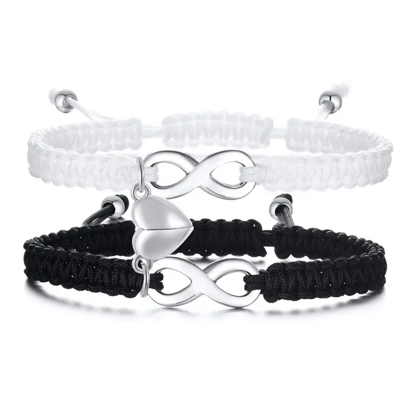 Mobiuto Unisex Pair 2pcs Stainless Steel Magnetic Love Charm Bangle Bracelets - Casual Simple Rope Matching Sets, Black & White Everyday Daily Wear Jewelry, Magnetic Bangles, 16Cm-28Cm, Charms, Elegant, Fashion, Dimensions, Rope Texture, Friends, Everyday