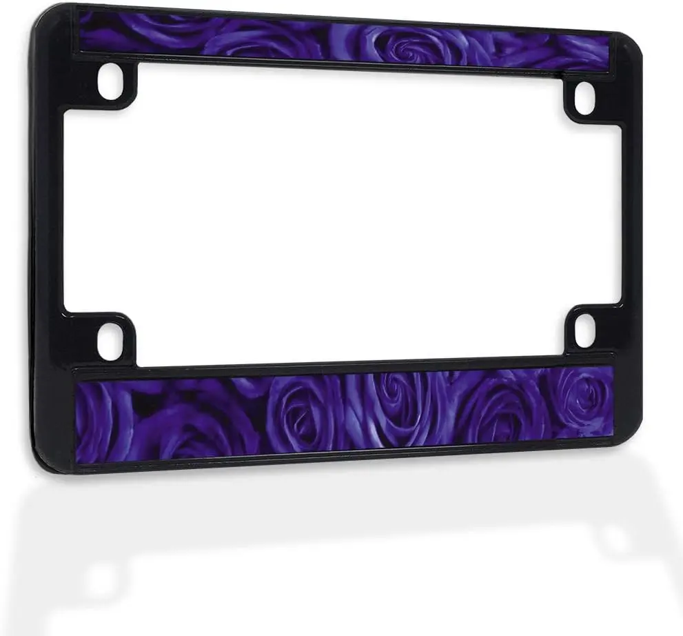 Solid Metal Insert Bike & Motorcycle License Plate Frame, Purple Rose Flower Bouquet Design, Weatherproof Black 4-Hole Accessory for Wedding (Automotive Exterior Number Plate Accessory)
