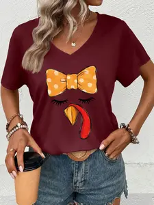 Women's Bow & Turkey Print V Neck Tee, Casual Thanksgiving Graphic T-Shirt for Daily Wear, Ladies Clothes for Fall, Top