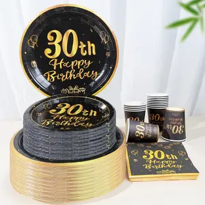 80-Piece Black-Gold Themed Tableware Set for 30th Anniversary/Birthday | Disposable Birthday Party Supplies | Festival Party Supplies | Holiday Gathering Decorations | Including Paper Plates, Cups & Napkins | Serves 20 Guests