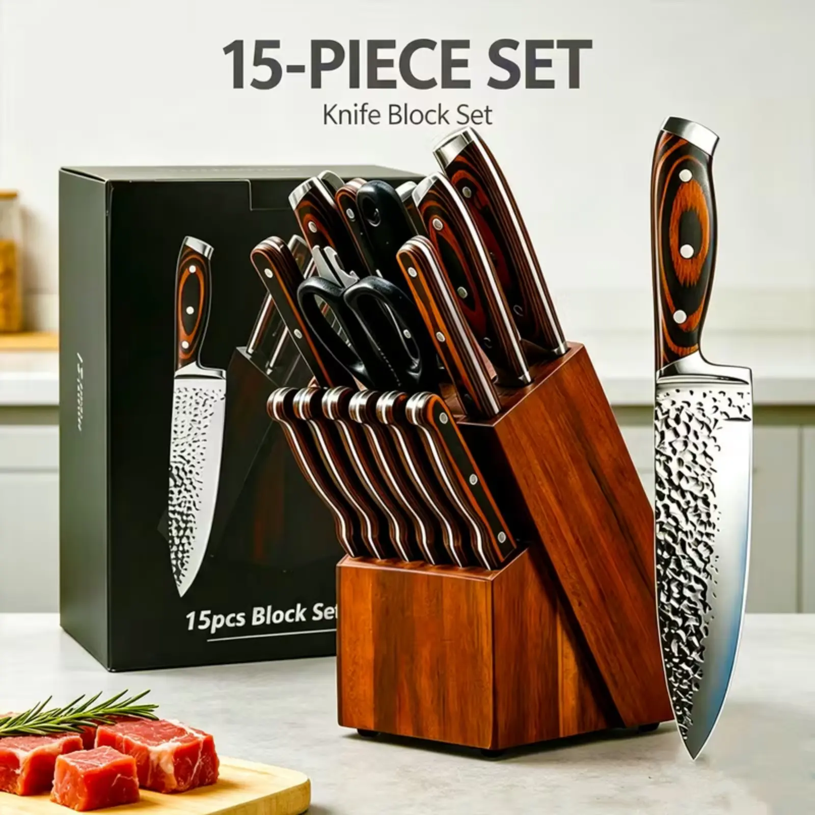Kitchen knife set, 15-piece knife set with knife block, chef knife set with built-in sharpener, high carbon stainless steel series knife block set (with steak knives), 6-piece boxed kitchen knife set, perfect for family gifts, Christmas gifts